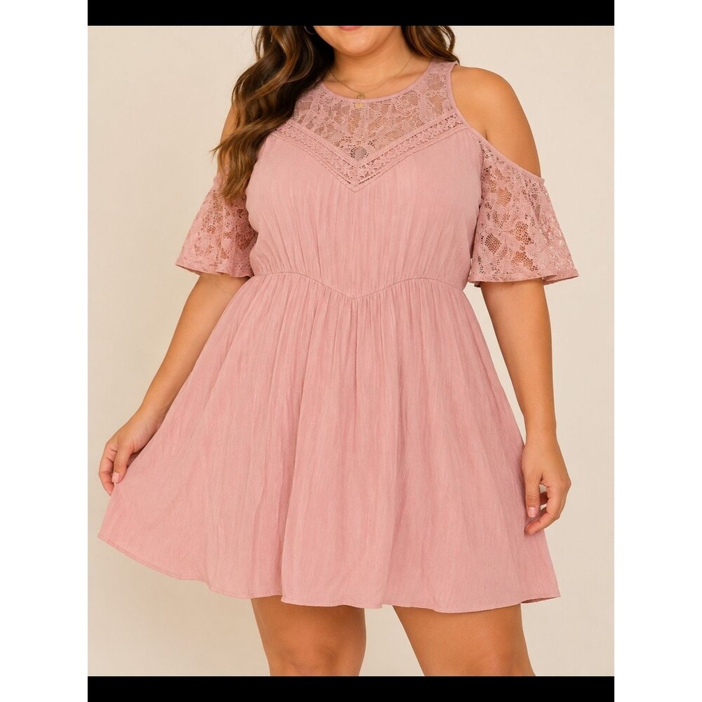 NWT Forever 21 Plus 1X Dusty Pink Lace Cold Shoulder Dress Boho Romantic Mini Dr